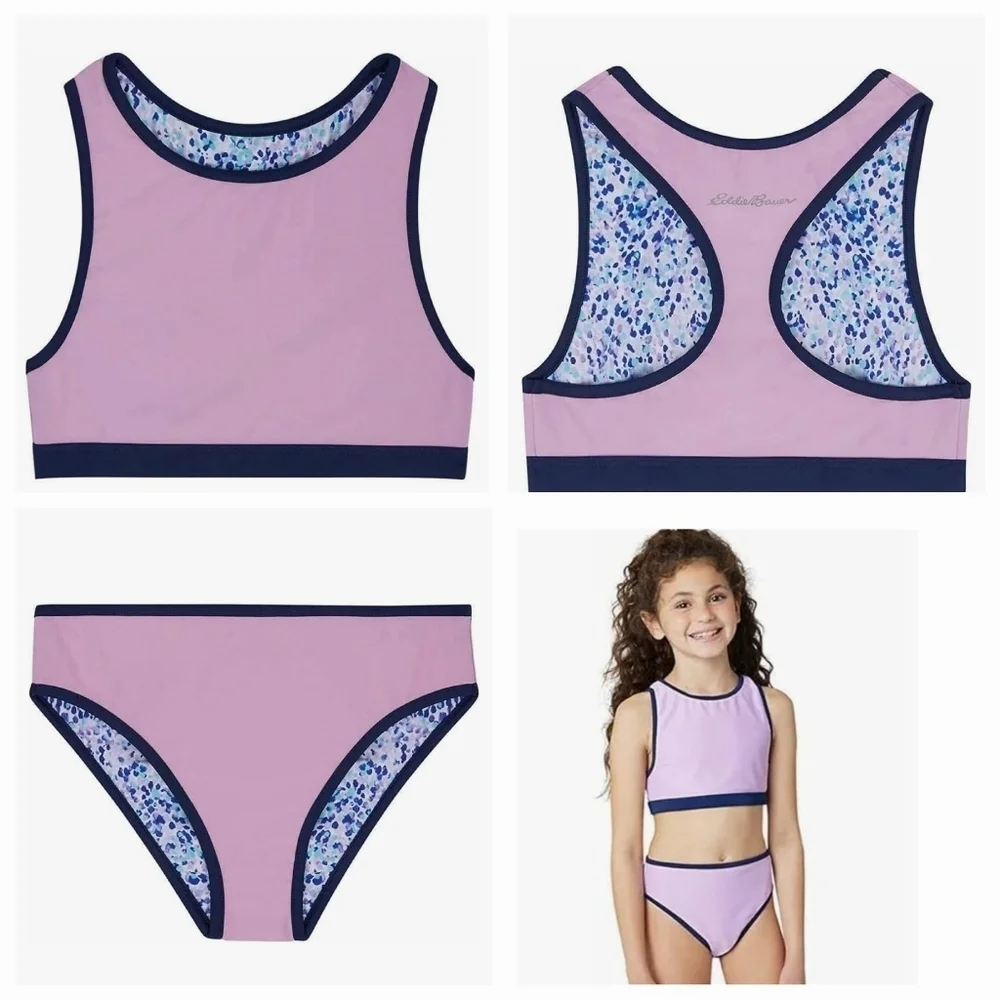 Eddie Bauer Girls L 2-piece Reversible Swimsuit Navy Blue Polka-dot and Purple